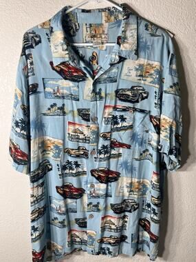 Vintage Joe Marlin Classic Car Short Sleeve Blue Button‎ Up Hawaiian Shirt 2X
